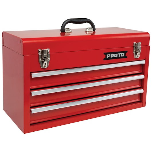 PROTO red metal toolbox with three drawers and top handle, SKU J9993, angled on white background.