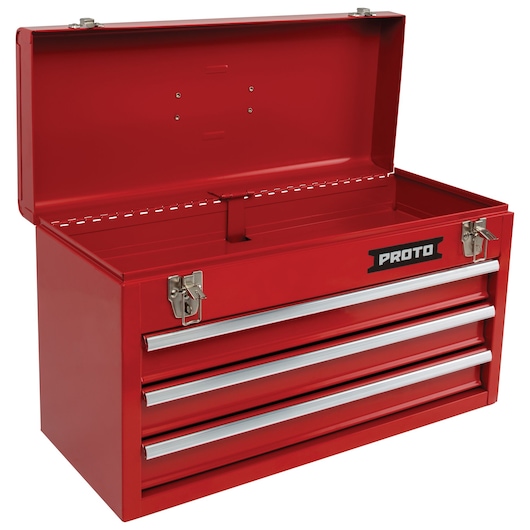PROTO J9993 red metal tool chest with three drawers and open top, front angle on white background.