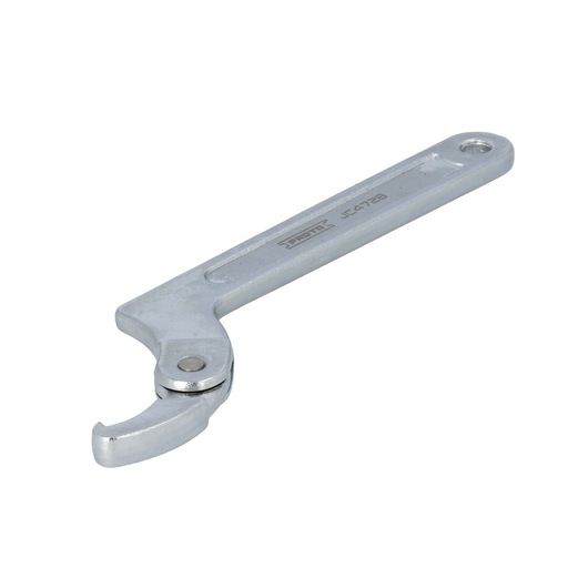 A metal adjustable hook spanner wrench with a straight handle and a rotating hook jaw, used for tightening or loosening round nuts or fittings.