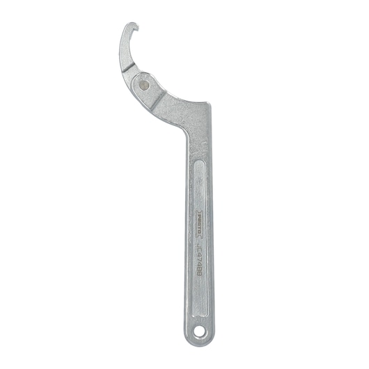 A silver metal spanner wrench with a hooked end, designed for use in bicycle maintenance, photographed on a white background.