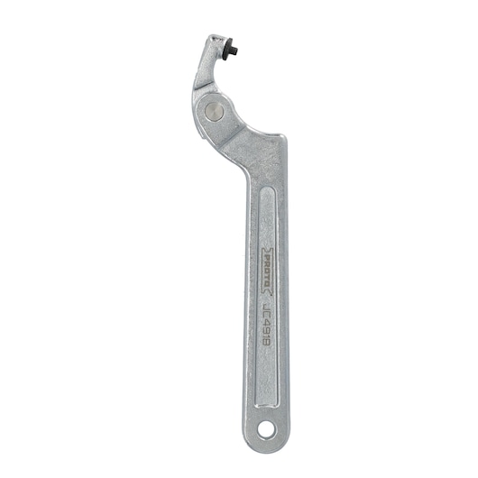 A metal adjustable spanner tool with a curved head and a small black screw at the end. The handle is silver and features the brand name 'PROTO' and model number 'JC491B'.