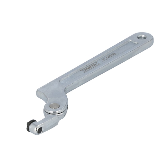 A metallic Proto JC491B adjustable tool used for photography equipment maintenance, featuring a single handle with a rotating joint and a small roller at the end.