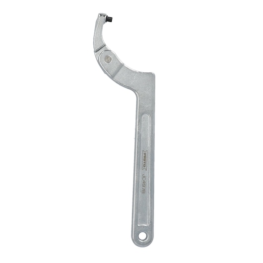 A metal adjustable hook spanner wrench with a curved jaw and a small pin, used for turning round objects with holes or notches. The handle has a hole for hanging and is engraved with the brand name and model number.