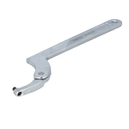 A metal adjustable hook spanner wrench with a long handle and a pivoting hook used for tightening or loosening round nuts, lock nuts or rings.