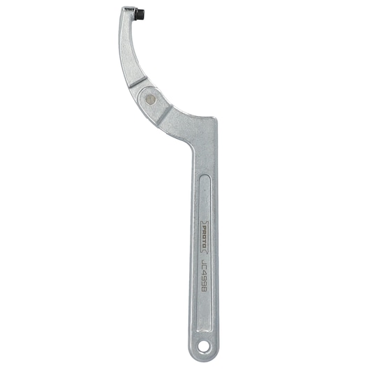 A metal adjustable hook spanner wrench with a curved arm and a pin for engaging slots or holes in round nuts, used for tightening or loosening round fasteners. The tool is labeled 'PROTO JC499B'.