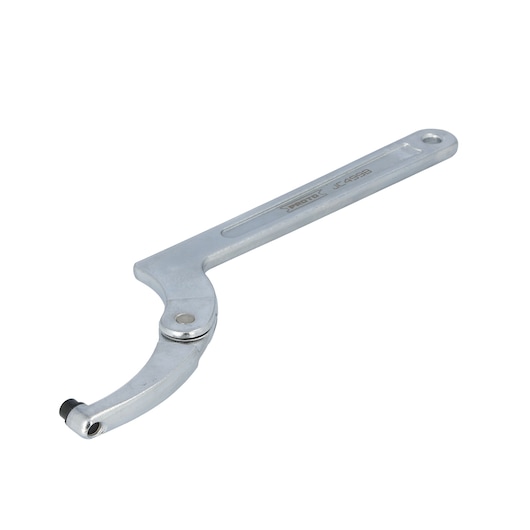 A metallic adjustable hook spanner wrench with a hole at the end of the handle. The tool is designed for turning round or cylindrical objects with notches. The brand name 'PROTO' and model 'JC499B' are visible on the handle.