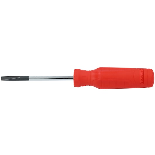 PROTO JCP31603RF flathead screwdriver with red handle, side view on white background.