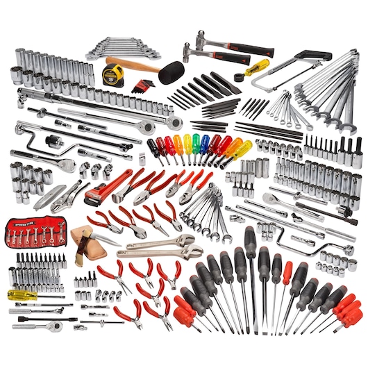 PROTO JCS-0334MAS mechanic tool set photography, assorted hand tools with sockets, wrenches, pliers, and screwdrivers displayed on white background.