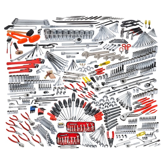 PROTO JCS-0613MAS tool set photography, wide angle, showing assorted hand tools including wrenches, sockets, pliers, and screwdrivers.