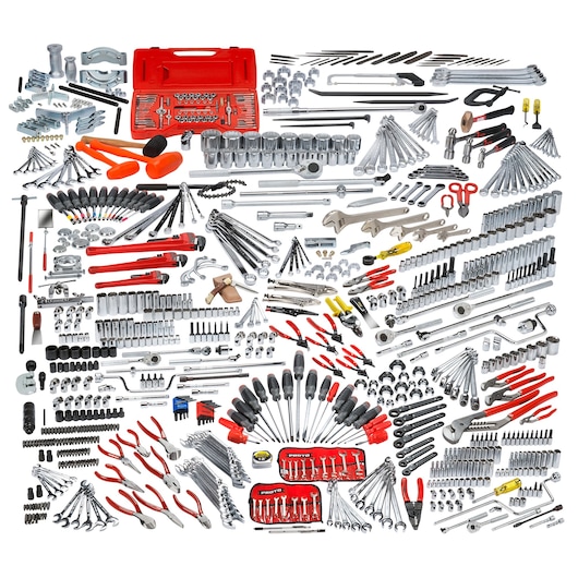 PROTO JCS-0833MAS professional tool set with red case, assorted wrenches, sockets, pliers, screwdrivers, white background.