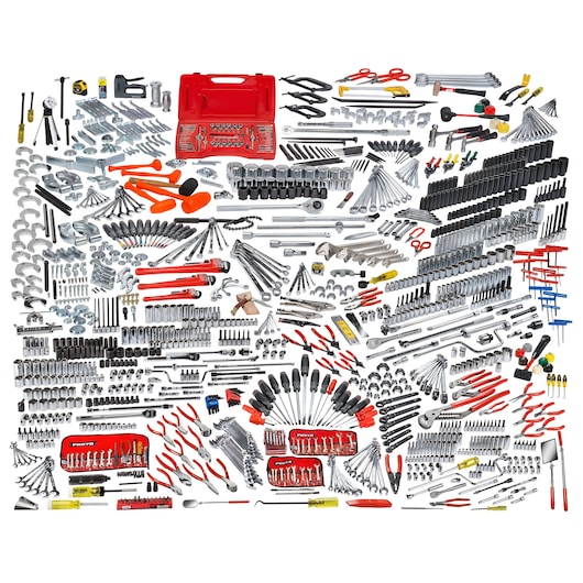 PROTO JCS-1258MAS photography of assorted hand tools spread out with red tool cases, white background.