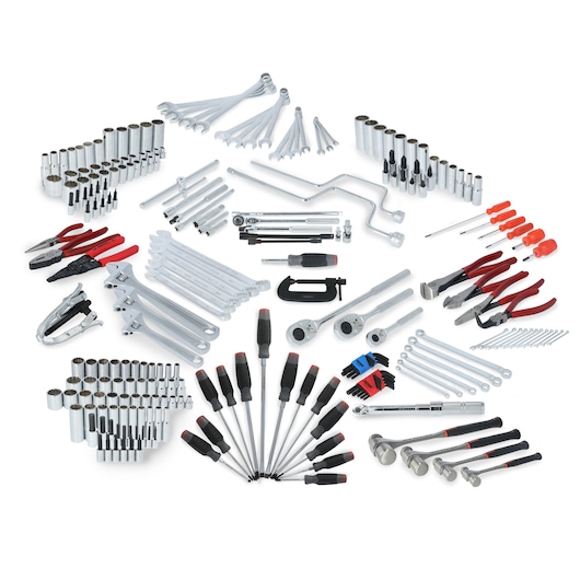 PROTO multi-piece hand tool set JCS-0600MAS_JCS-0700MAS_JCS-900MAS_JCS-1100MAS_JCS-1300MAS_JCS-MAS-1A_JCS-MAS-2A_JCS-MAS-3A_JCS-MAS-4A_JCS-MAS-5A_JCS-MAS-6A_JCS-MAS-7A, including wrenches, sockets, screwdrivers, pliers, and hammers on white background, top view.