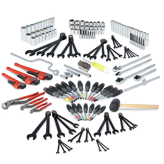 PROTO JCS-0600MAS_JCS-0700MAS_JCS-900MAS_JCS-1100MAS_JCS-1300MAS_JCS-MAS-1A_JCS-MAS-2A_JCS-MAS-3A_JCS-MAS-4A_JCS-MAS-5A_JCS-MAS-6A_JCS-MAS-7A hand tools set, assorted wrenches, screwdrivers, sockets, and pliers, white background, top view.