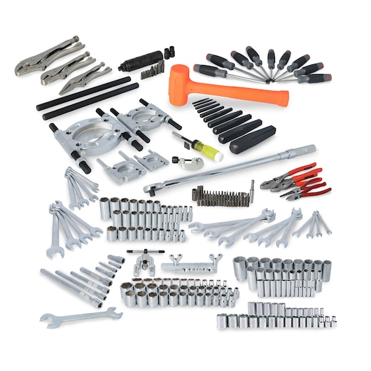 A large and organized set of various mechanic tools and accessories, including wrenches, sockets, screwdrivers, pliers, socket extensions, a mallet, puller tools, and other hand tools arranged neatly on a white background.