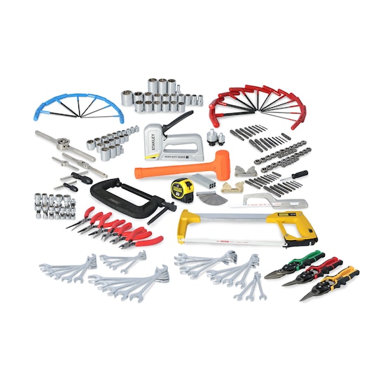 PROTO JCS-0600MAS_JCS-0700MAS_JCS-900MAS_JCS-1100MAS_JCS-1300MAS_JCS-MAS-1A_JCS-MAS-2A_JCS-MAS-3A_JCS-MAS-4A_JCS-MAS-5A_JCS-MAS-6A_JCS-MAS-7A tool set including wrenches, pliers, sockets, saws, and measuring tape, front view on white background.
