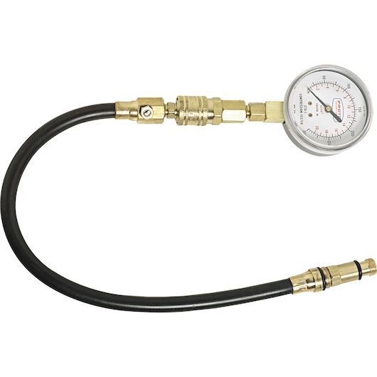 PROTO JCTR10 pressure gauge with black hose and brass fittings, product photographed on white background.