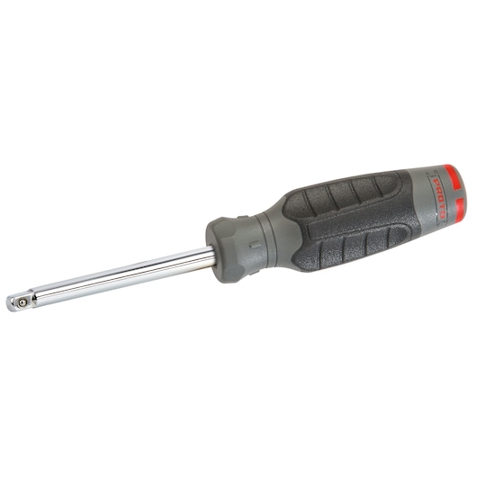 Photo of PROTO JD1402R ratcheting screwdriver with black textured handle and chrome shaft on white background.