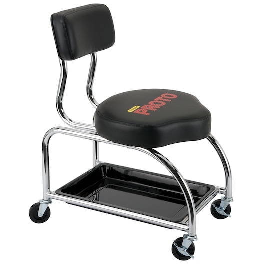 PROTO JFC1010 rolling shop stool with padded seat, backrest, chrome frame, black tray, and four swivel casters, side view.