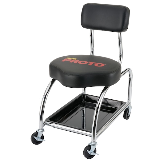 Photo of PROTO JFC1010 rolling shop seat with padded backrest, black cushion, chrome frame, and storage tray, front angle.
