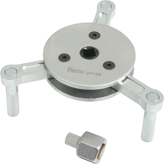 PROTO JFF120 adjustable three-jaw gear puller tool with adapter on white background, top view.