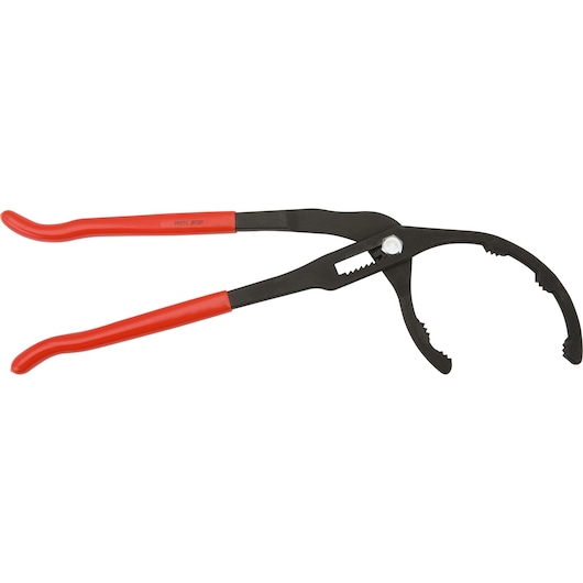 PROTO JFF287 adjustable oil filter pliers with red handles, side angle on white background.