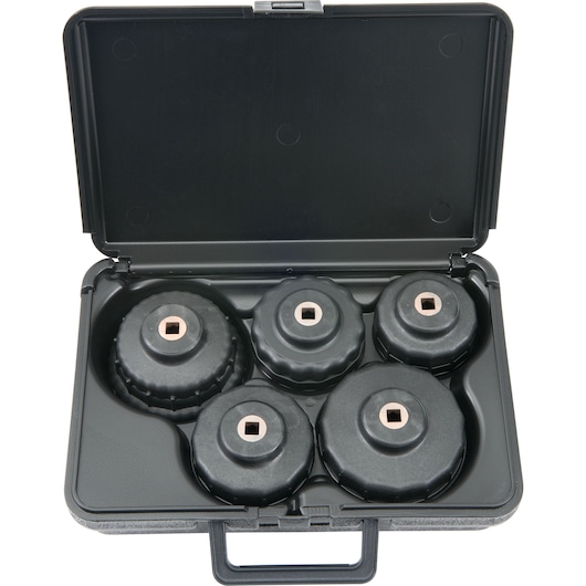 PROTO JFFKIT5 set of five black oil filter wrenches in plastic carrying case, top view on white background.