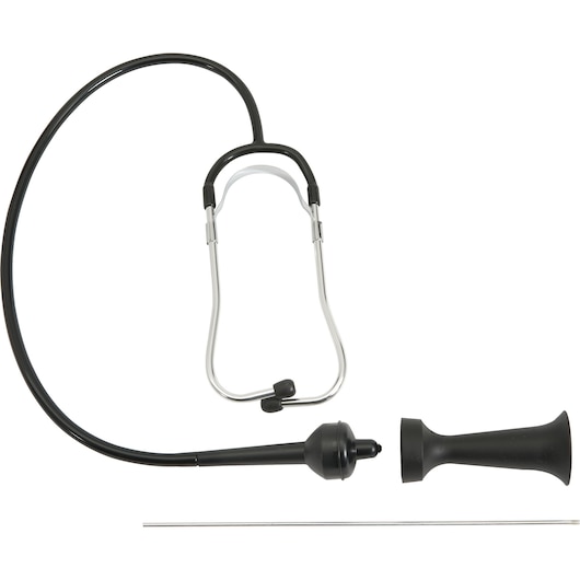 PROTO JFP500A mechanic's stethoscope set with black tube, silver metal headpiece, probe, and funnel attachment, flat lay.