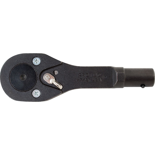 PROTO JH7-12R ratchet head in black, close-up on white background, showing metal lever and engraved branding.