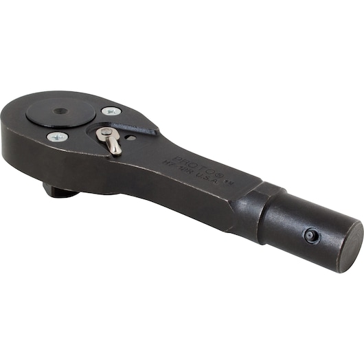 Photo of PROTO ratchet head JH7-12R, metal hand tool part, angled on white background.