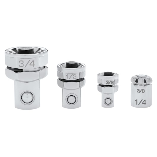PROTO JHA4S chrome socket adapter set, four pieces upright on white background, sizes 3/4, 1/2, 3/8, 1/4.