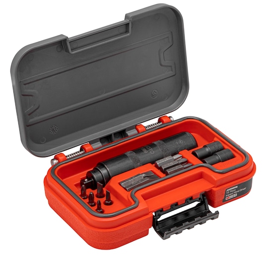 PROTO JHANDIM manual impact driver set with assorted bits in a red and black hard case, shown at an angle on white background.