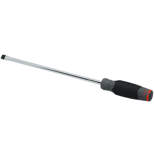 PROTO JK3812RF flathead screwdriver with long chrome shaft and black anti-slip handle, product on white background.