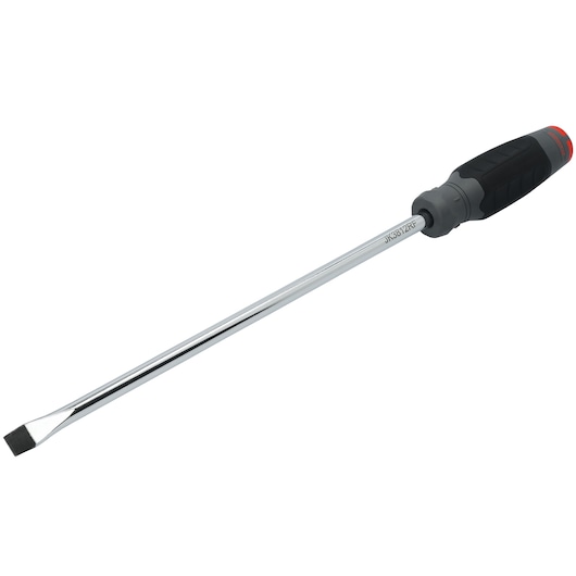 PROTO JK3812RF slotted screwdriver with black and gray handle and long chrome shaft, angled on white background.