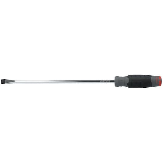 PROTO JK3812RF flathead screwdriver with long chrome shaft, black and red ergonomic handle, side view on white.
