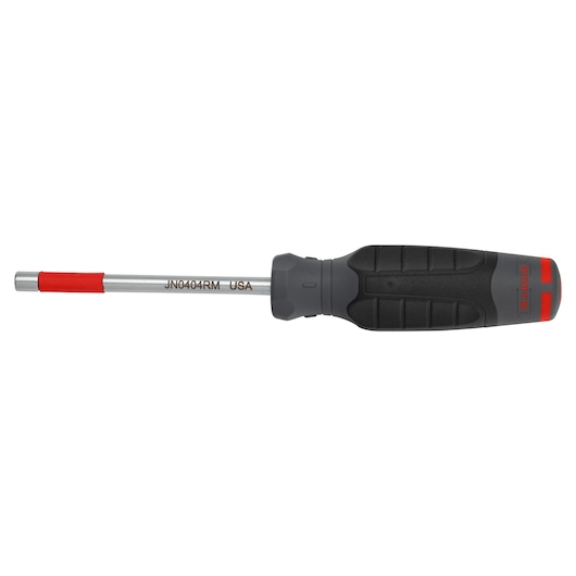 PROTO JN0404RM screwdriver with black and red ergonomic handle, side view on white background.