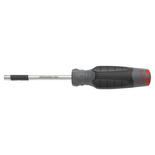 PROTO JN0504RM nut driver with black and red ergonomic handle, side view on white background.