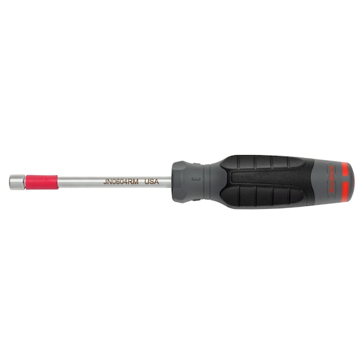 PROTO JN0604RM nut driver with black and red ergonomic handle, side view on white background.