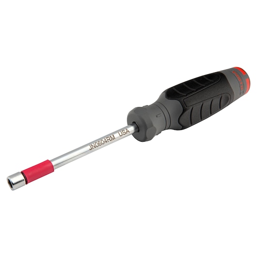 PROTO JN0604RM nut driver with black and red ergonomic handle, side angle on white background.
