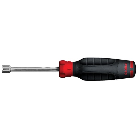 PROTO JN0804RM nut driver with black and red ergonomic handle, side angle, white background.