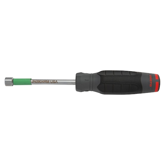 PROTO JN0904RM nut driver with black and red ergonomic handle, straight side view on white background.