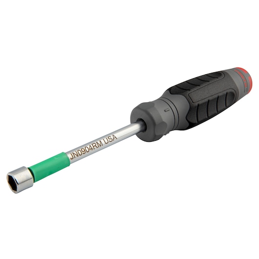 PROTO JN0904RM nut driver with black and red handle, green sleeve, angled on white background.