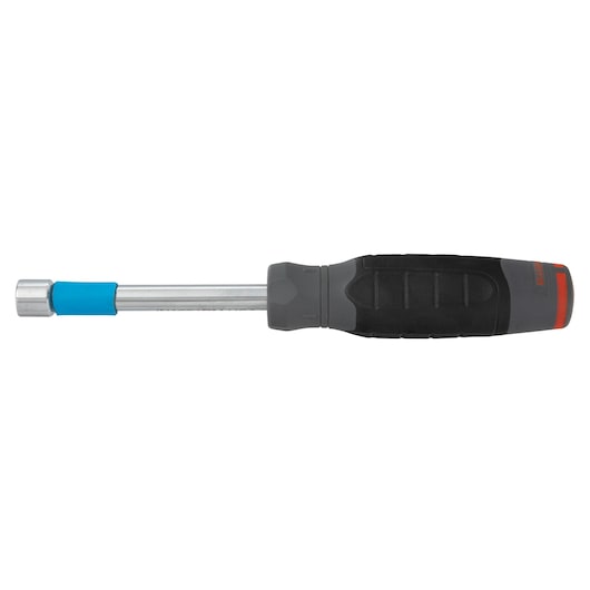 PROTO JN1004RM screwdriver with black and gray handle, blue grip, and chrome shaft, side angle, white background.