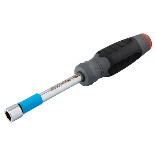 PROTO JN1004RM nut driver with black and gray handle, blue sleeve, front angle on white background.