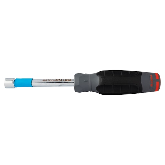 PROTO JN1004RM nut driver with black and gray ergonomic handle, blue accent, side view on white background.
