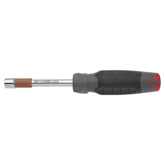 PROTO JN1104RM nut driver with black and red ergonomic handle, side view on white background.