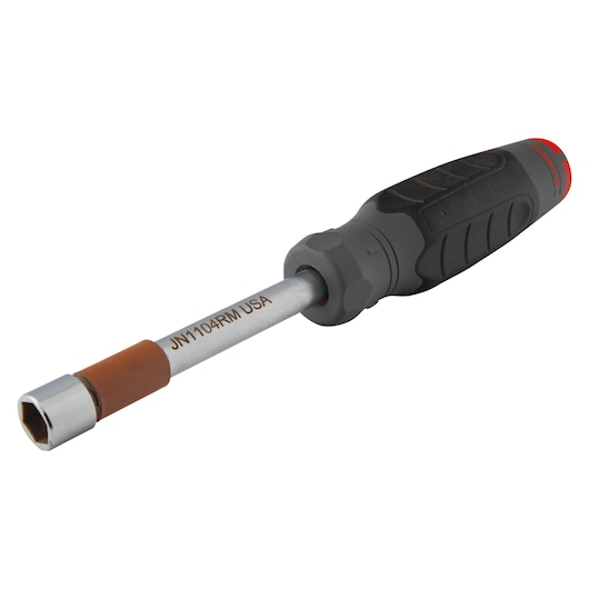PROTO JN1104RM nut driver with black and red ergonomic handle, angled on white background.