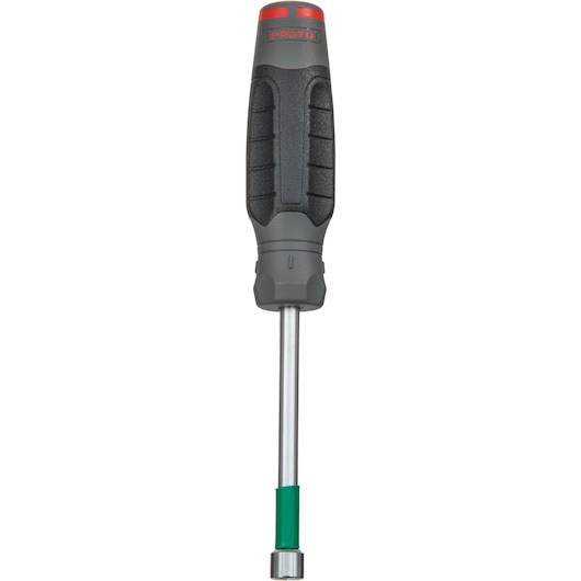 PROTO JN113204R nut driver with black and red handle, silver shaft, green band, front angle, white background.