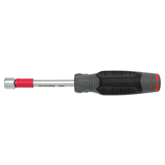Photo of PROTO JN1204RM nut driver with black and red ergonomic handle, side view on white background.
