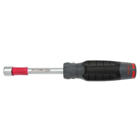 PROTO JN1204R nut driver with black and red ergonomic handle and metal shaft, side view on white background.