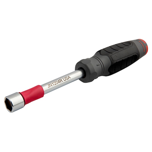 PROTO JN1204R nut driver with black and red handle, hex socket shaft, angled on white background.